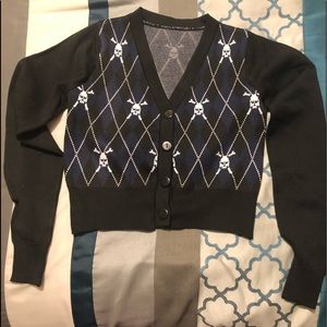 New cropped skull pattern cardigan, argyle sweater